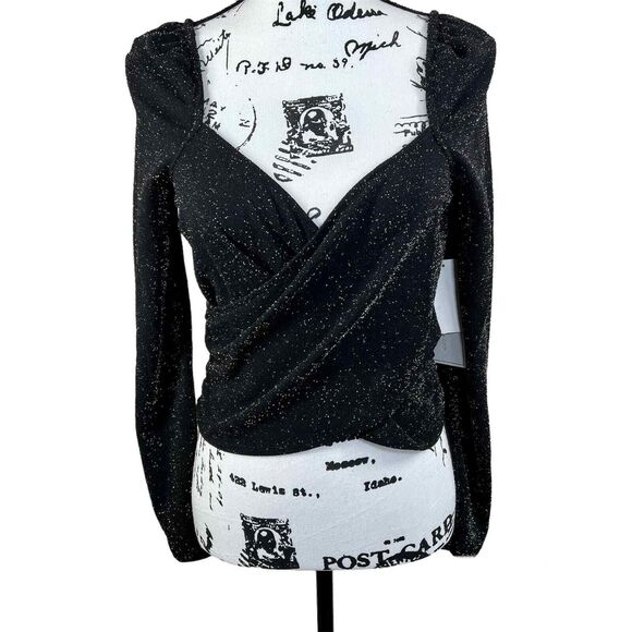 1 state black glitter print  top Cropped Textured Wrap Top long sleeve size M - Picture 1 of 16